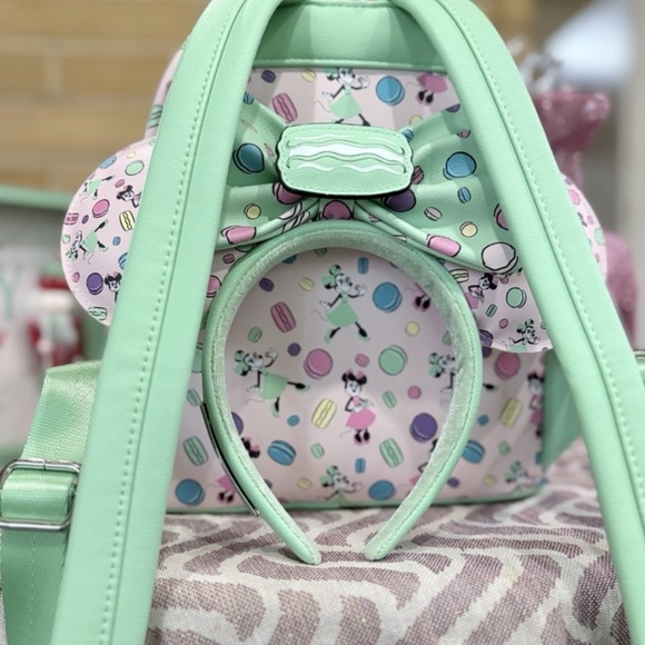 Disney Parks Loungefly Minnie Macaron Backpack+Matching Ears Set Mint Pink NWOT - Picture 8 of 15